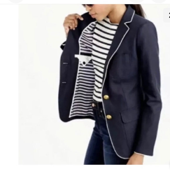 J CREW Rhodes Nautical Tipped Linen Blazer / Jacket NAVY Sz 4 - Picture 2 of 11